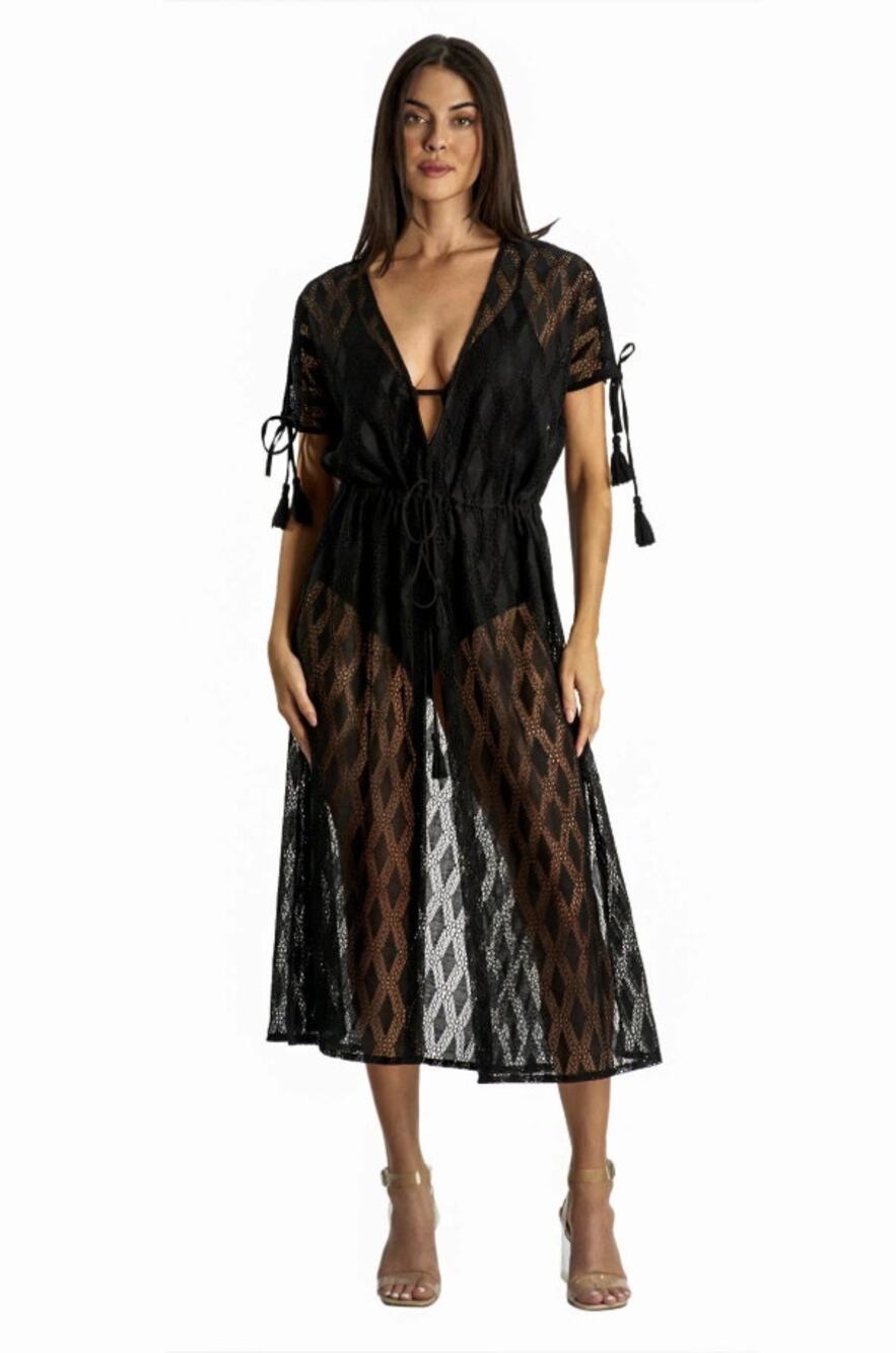 La Moda Black Mesh Tassel Swim Cover Up Duster One Size Beach Resort
